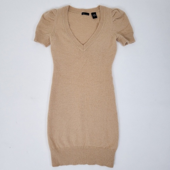 *Free with Purchase* Angora Puff Sleeve Mini Dress Tan V-neck Soft - Picture 7 of 12